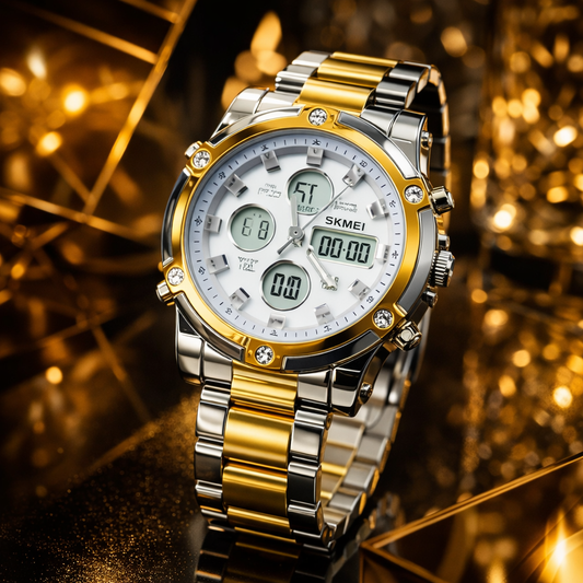 SKMEI  Men’s Digital Analog Business Watch – Two-Tone Gold & Silver Stainless Steel Chronograph with Matte White Dial - without box