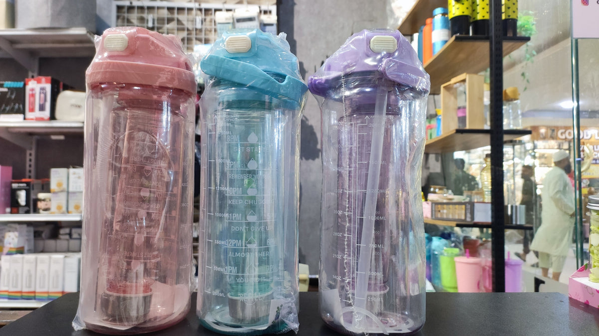 Motivational Water Bottle with Time Markers & Straw (Random Colour)